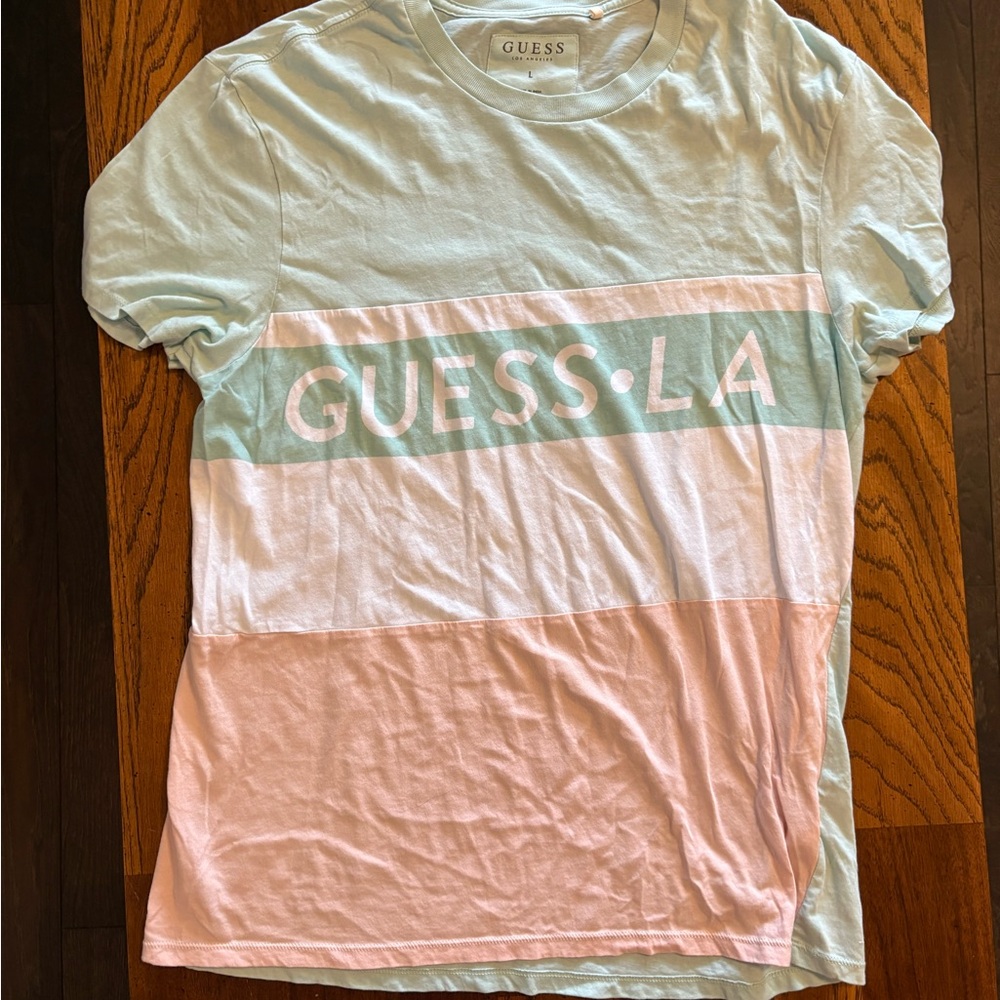 GUESS Men's Color Block Tee in Pink and Light Blue